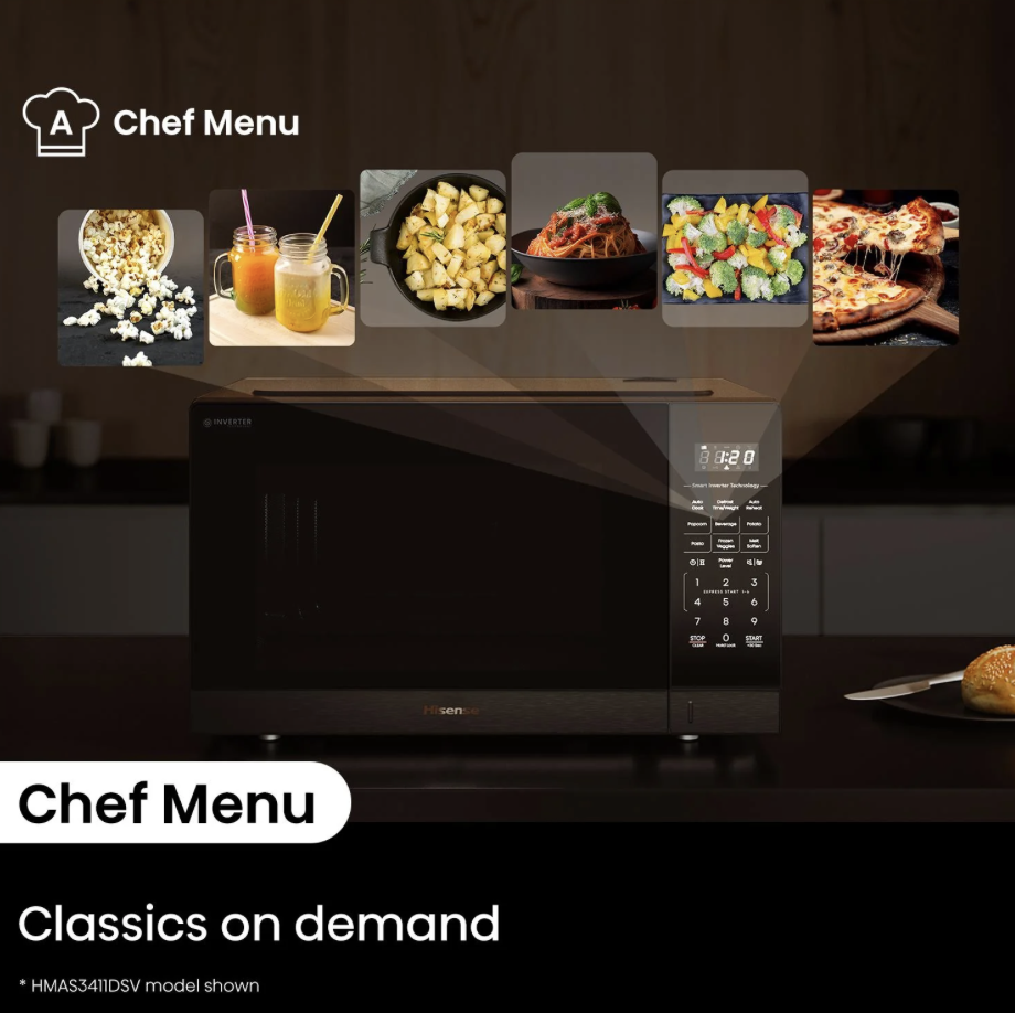 Hisense HMAS3411BMV 34L 1100W Smart Inverter Microwave Oven (Black Mirror)